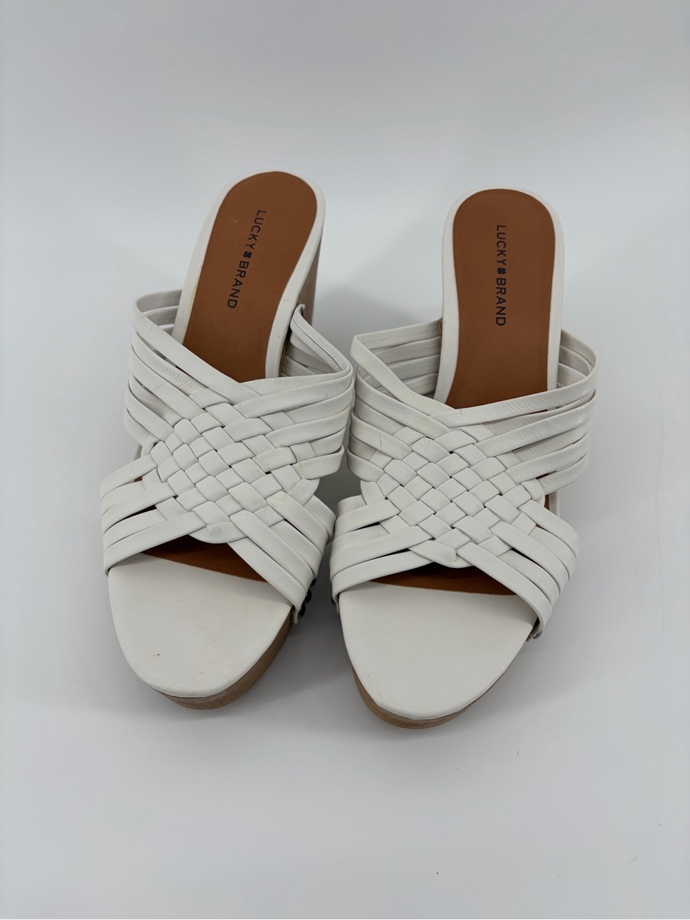 Lucky Brand Tellimi Platform Sandals Mules Tan Heel, Women's 8.5, White, NWOT